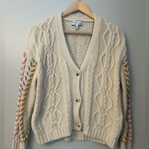Michael Stars Cream Cable Knit Chunky Cardigan with Braided color Sleeve XS